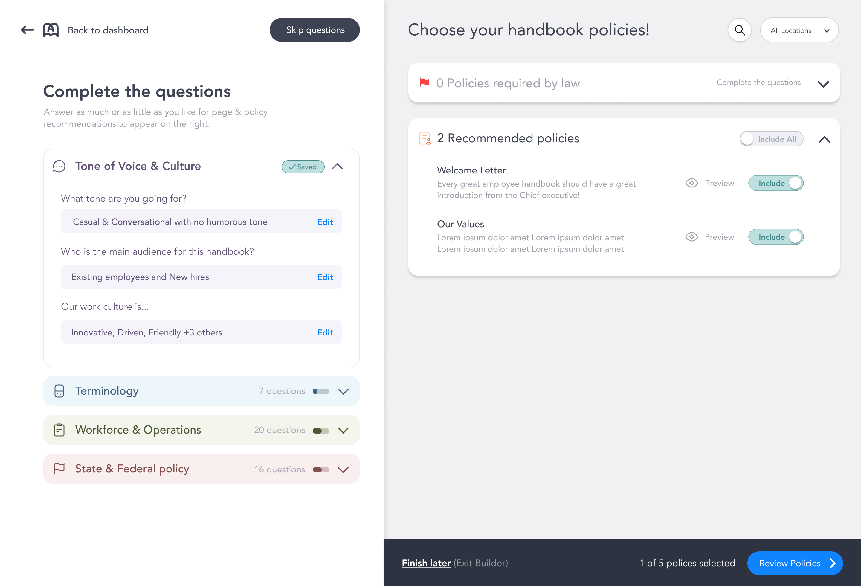 AirMason handbook builder wizard - policy selection and compliance questionnaire